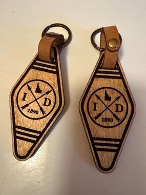 Handcrafted Brown Leather & Wood Idaho Keychain - Rustic ID 1890